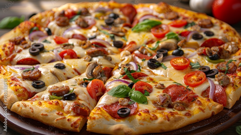A freshly baked pizza topped with vegetables and meats on a wooden table A freshly baked pizza topped with vegetables and meats on a wooden table