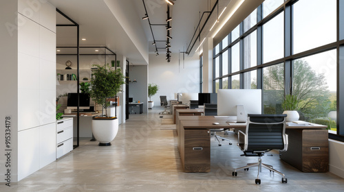Fototapeta Naklejka Na Ścianę i Meble -  A modern office space with an open layout, featuring large windows, sleek desks, and plenty of natural light. The addition of plants adds a touch of greenery and freshness to the environment.