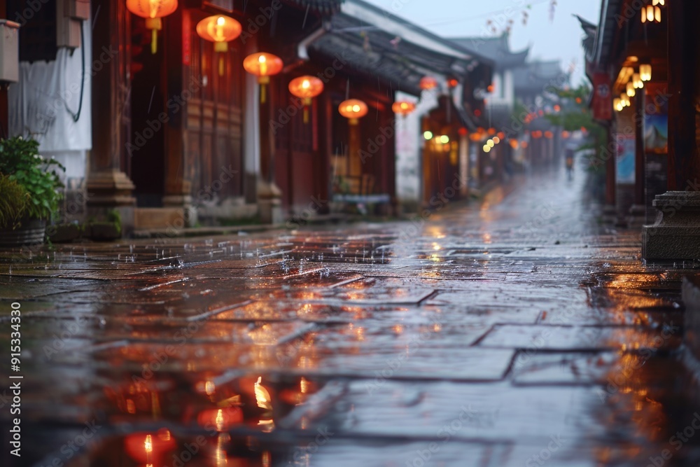 Obraz premium Street scene at night with wet pavement and lanterns lining the sidewalk