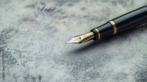 the Stylish fountain pen on a light grey textured table, close-up with space for text.