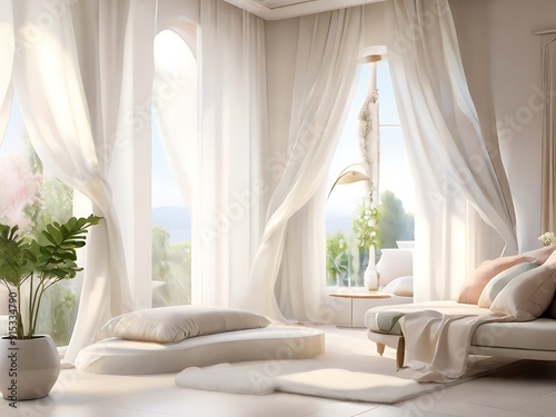 A calm living space with minimal furniture, soft textures, and light, airy curtains blowing in a spring breeze.