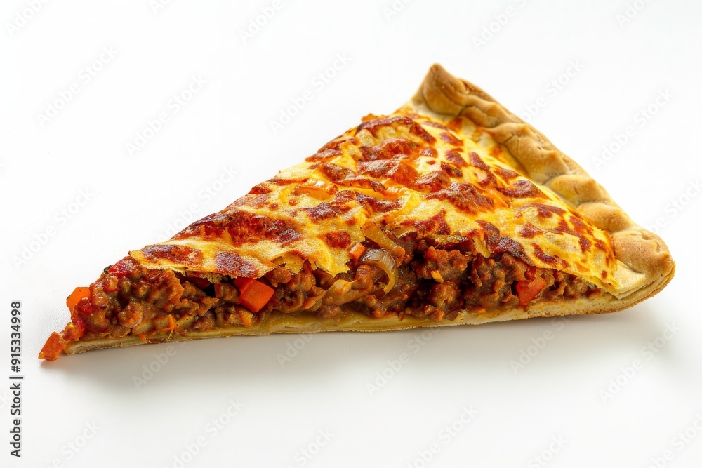 Delicious slice of pizza with meat, cheese, and vegetables on a white background. Concept of Italian cuisine, fast food, and takeout. Delicious slice of pizza with meat, cheese, and vegetables on a white background. Concept of Italian cuisine, fast food, and takeout.