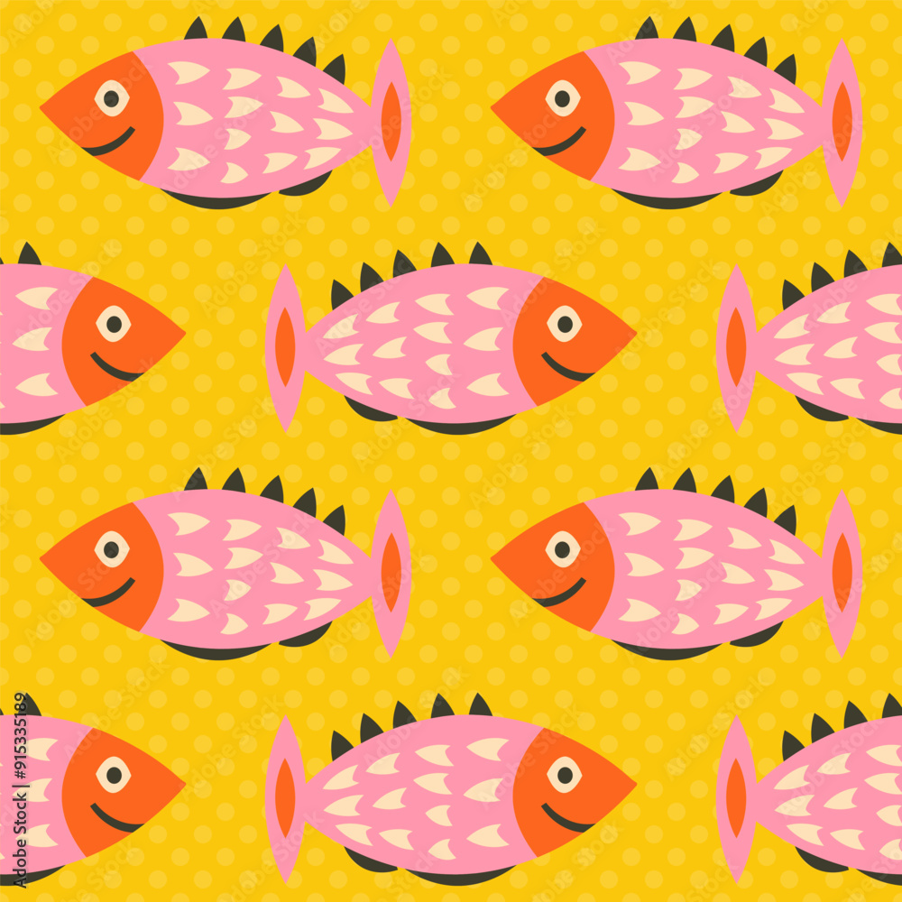 Naklejka premium Happy pink black and white 1960s mid century modern fish on bold retro yellow with dots
