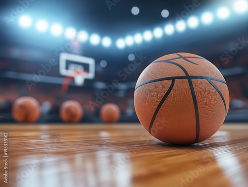 asketball on Wooden Court with Blurred Background of Indoor Stadium for Sports and Competition Themes photo