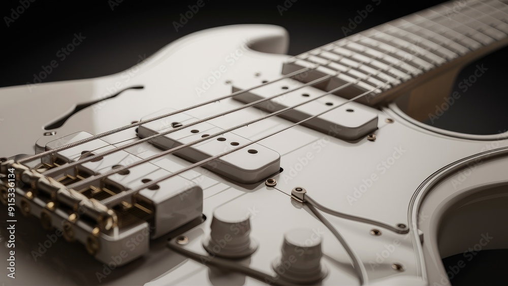 Closeup of intricate details on a white electric guitar pickup and strings highlighting fine craftsmanship and unique texture Closeup of intricate details on a white electric guitar pickup and strings highlighting fine craftsmanship and unique texture