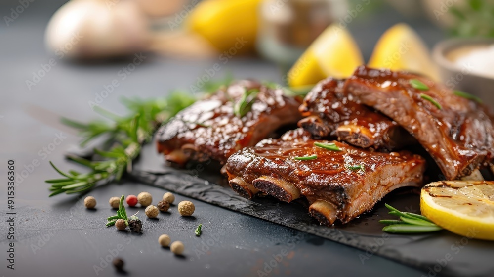 Fresh beef ribs on a glass dish with herbs, spices, and lemon slices, in a contemporary dining area with natural lighting. Fresh beef ribs on a glass dish with herbs, spices, and lemon slices, in a contemporary dining area with natural lighting.