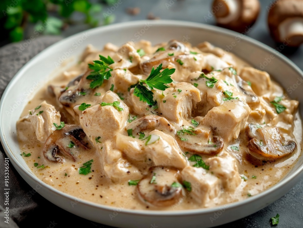 Chicken Mushroom Stroganoff with Luxurious Presentation in Soft Light - Elegant Dining Concepts Chicken Mushroom Stroganoff with Luxurious Presentation in Soft Light - Elegant Dining Concepts