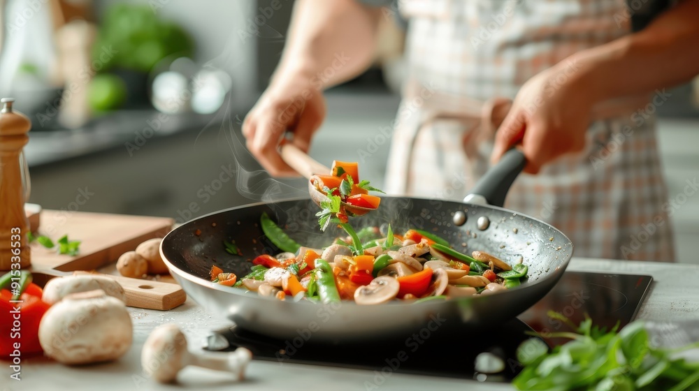 Stir-Fried Oyster Mushrooms with Peppers and Peas: Vibrant stir-fry with oyster mushrooms, bell peppers, and snow peas in a dynamic kitchen setting. Stir-Fried Oyster Mushrooms with Peppers and Peas: Vibrant stir-fry with oyster mushrooms, bell peppers, and snow peas in a dynamic kitchen setting.