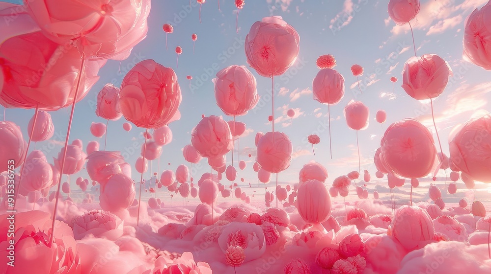 Surreal pink balloons floating in a dreamy sky filled with fluffy clouds under a serene sunset, creating a whimsical and magical atmosphere. Surreal pink balloons floating in a dreamy sky filled with fluffy clouds under a serene sunset, creating a whimsical and magical atmosphere.