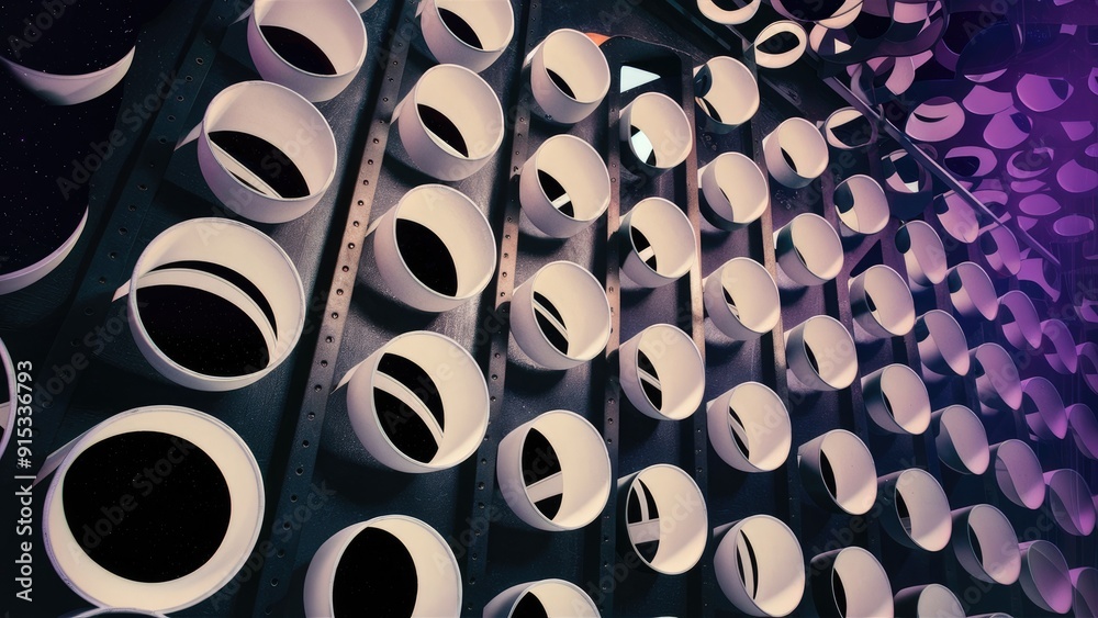 Abstract blurred image featuring numerous circular holes in a black steel wall The design showcases curved lines and circular white holes with dark outlines creating a decorative ef Abstract blurred image featuring numerous circular holes in a black steel wall The design showcases curved lines and circular white holes with dark outlines creating a decorative ef