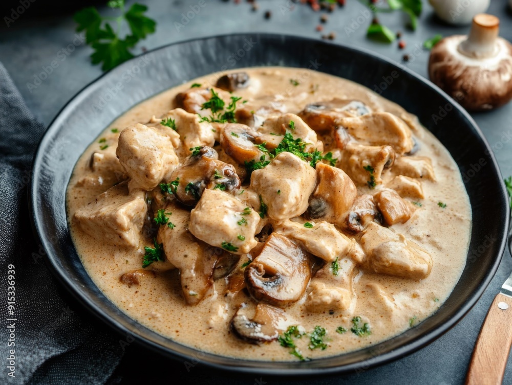 Chicken Mushroom Stroganoff with Luxurious Presentation in Soft Light - Elegant Dining Concepts Chicken Mushroom Stroganoff with Luxurious Presentation in Soft Light - Elegant Dining Concepts