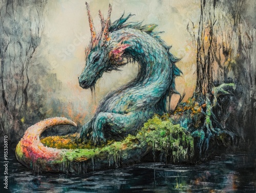 Colorful Dragon in Mystical Forest - Fantasy Illustration Artwork photo