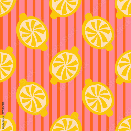 Bold happy rough lemon citrus fruits on retro 1960s orange with vertical pink stripes gs