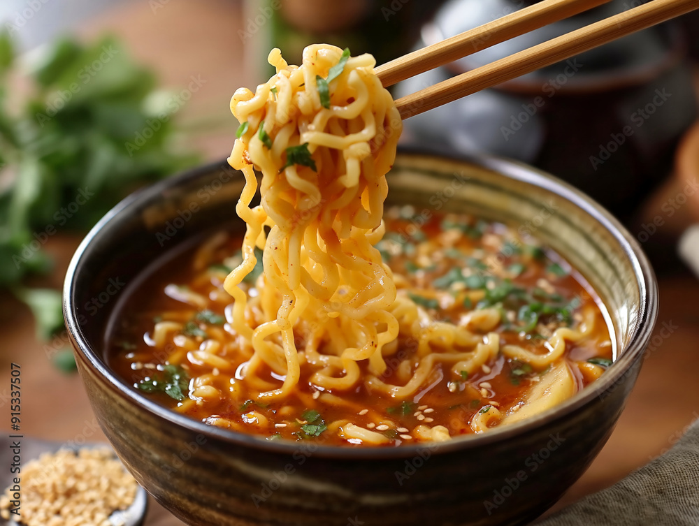 A bowl of ramen noodles with chopsticks in it