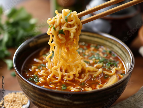 Obraz na płótnie A bowl of ramen noodles with chopsticks in it w salonie
