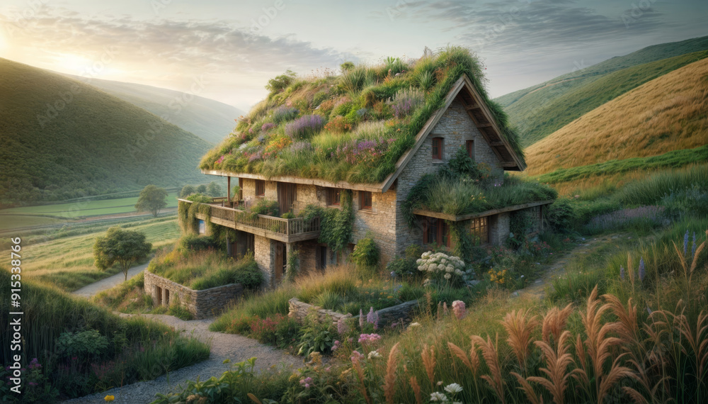 rural stone cottage on the hill with a lush green roof, overflowing ...