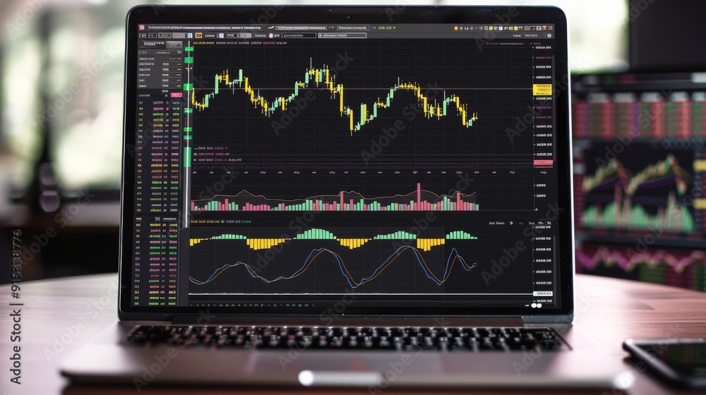 Laptop with multiple graphs and charts on the screen. Laptop with multiple graphs and charts on the screen.