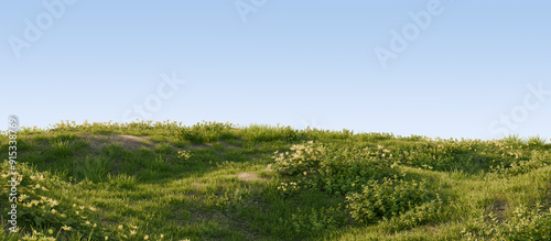Serene river flowing through a lush green landscape. 3D render.