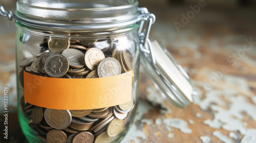 Saving money in a jar with label saying 