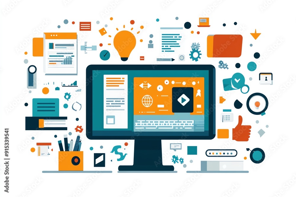 Creative design process on computer screen with icons. Creative design process on computer screen with icons.