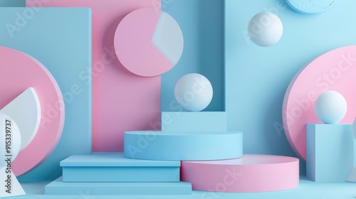 A variety of pastel geometric shapes create a visually pleasing arrangement in a contemporary art style