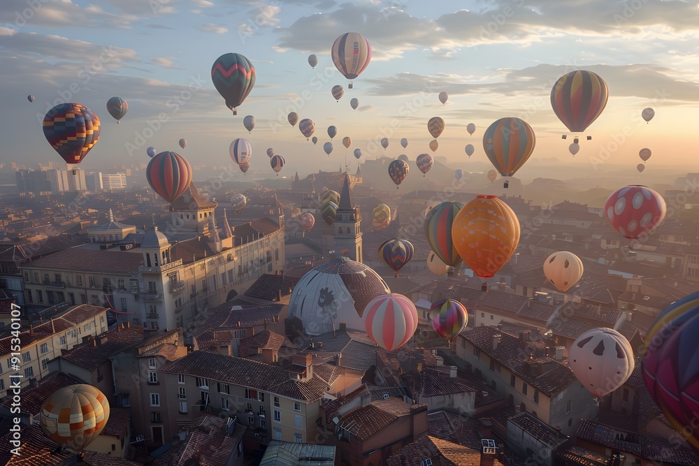 Naklejka premium Hot Air Balloons Over Cityscape