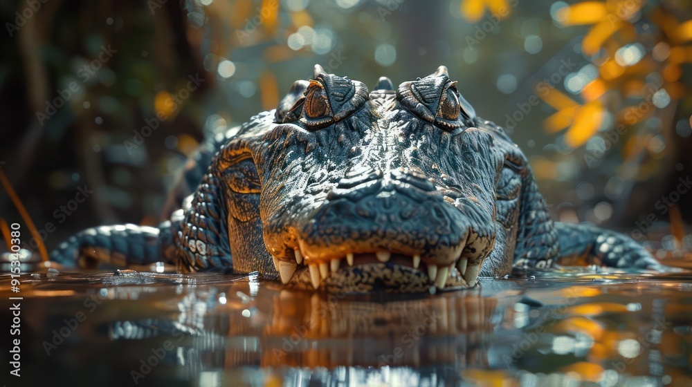 Obraz premium A crocodile with its mouth open, resting on the surface of a body of water, surrounded by greenery.