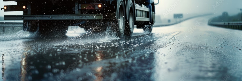 Close up of truck driving on wet road in rain or fog with water splashes spraying from under its wheels Highway with low visibility in the background Selective focus on the wet road
