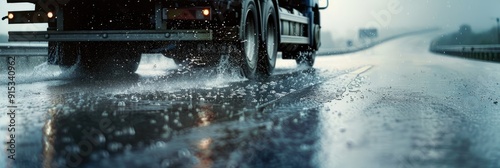 Obraz na płótnie Close up of truck driving on wet road in rain or fog with water splashes spraying from under its wheels Highway with low visibility in the background Selective focus on the wet road w salonie
