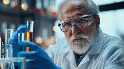 A man in a lab coat holding a beaker with a yellow liquid in it