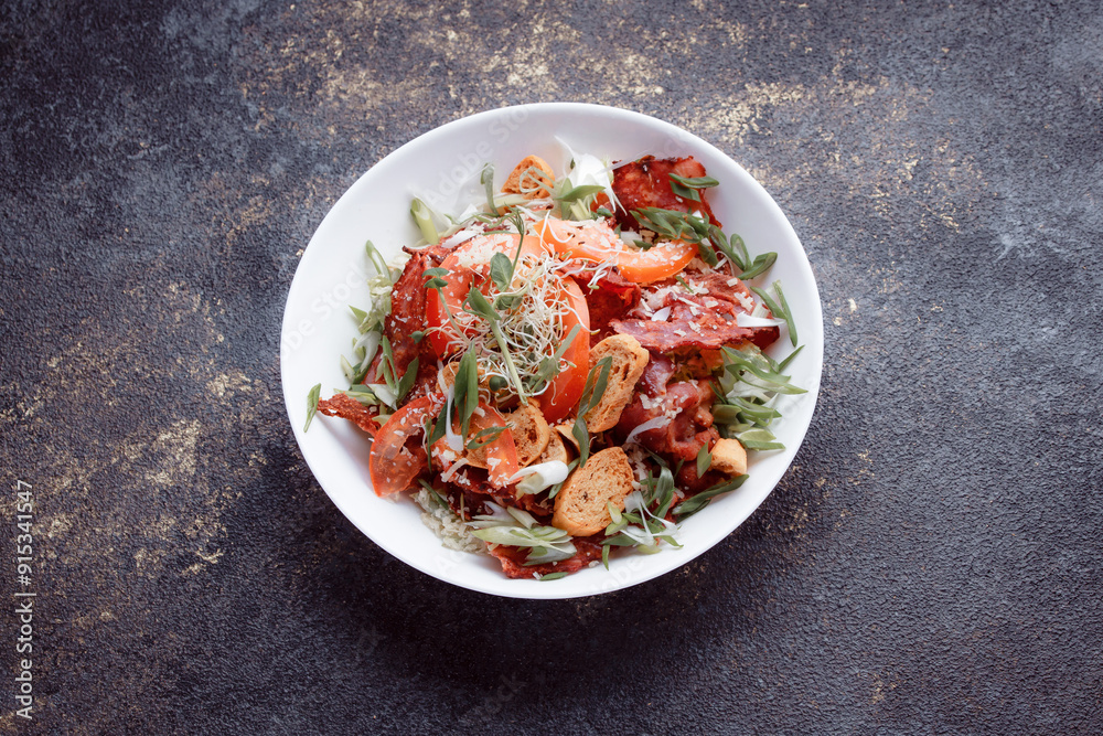 Salad panzanella of tomatoes and paper with fresh greens. Fresh vegetable mix at dark table. Top view, Copy space. Salad panzanella of tomatoes and paper with fresh greens. Fresh vegetable mix at dark table. Top view, Copy space.