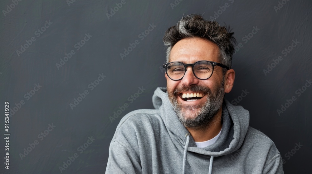 A joyful man with a wide smile, salt-and-pepper hair, and beard in a hooded gray hoodie and glasses, exudes happiness in a close-up shot against a dark gray background. A joyful man with a wide smile, salt-and-pepper hair, and beard in a hooded gray hoodie and glasses, exudes happiness in a close-up shot against a dark gray background.