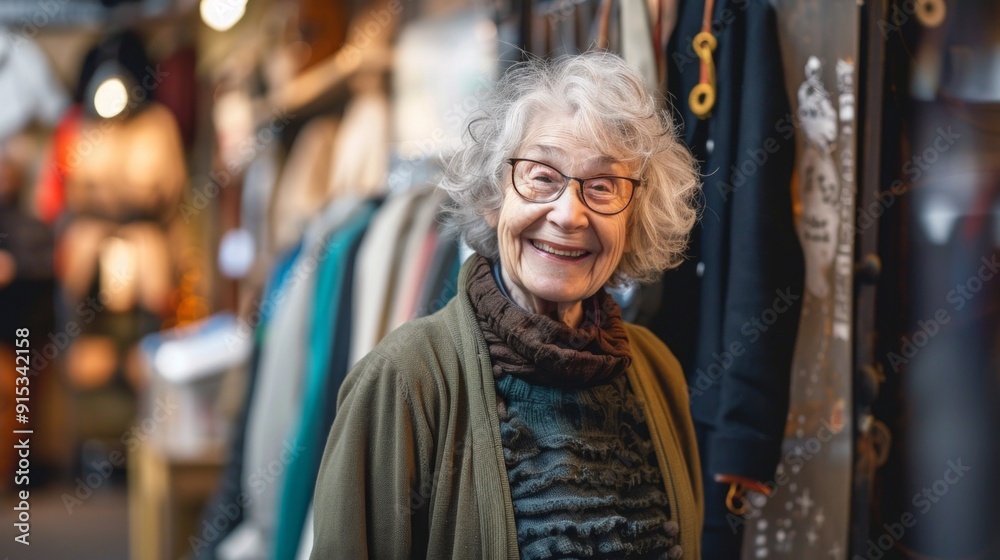Elderly woman wearing silver hair and glasses smiles at the camera, dressed in olive green cardigan, brown olive scarf, and light green shirt against rack of clothing.