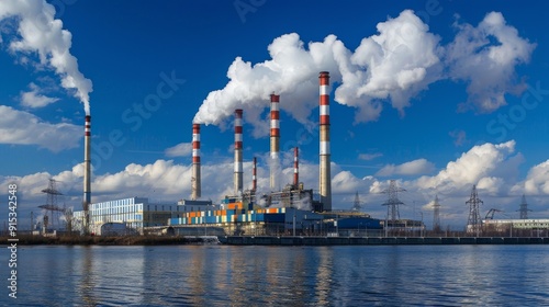 Image shows industrial power plant with red stripes smokestacks emitting grey smoke next to water, contrasted against nature, hinting at pollution and disconnect.