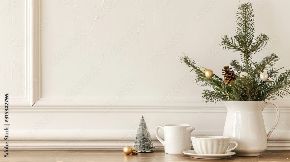 Classy Christmas decor. Holiday dinner setup. Coffee, dishes, and pine branches in retro vase. White wall, classic molding. Empty space. Classy Christmas decor. Holiday dinner setup. Coffee, dishes, and pine branches in retro vase. White wall, classic molding. Empty space.
