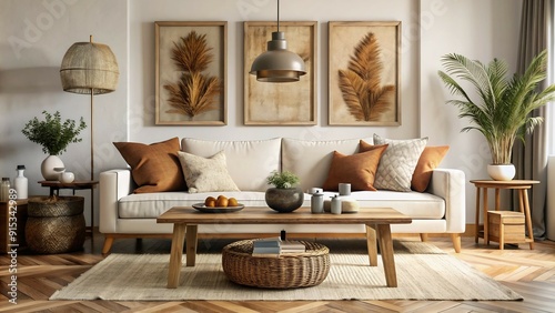 A curated space with a rustic coffee table, a white sofa with brown pillows, and captivating artwork. The design evokes a sense of comfort and highlights the endless possibilities for creating a uniqu photo