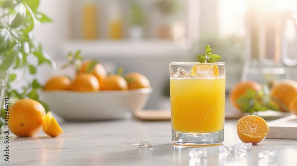 Freshly squeezed orange juice with ice cubes, sunny kitchen counter, bowl of oranges, citrus juicer. Freshly squeezed orange juice with ice cubes, sunny kitchen counter, bowl of oranges, citrus juicer.