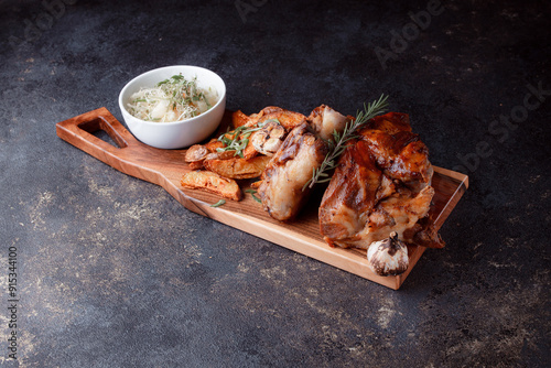 A set dish: a large fried piece of meat on the bone, country-style grilled potatoes, a mini salad of cabbage, bean sprouts, chia seeds and green onions. Original serving on a wooden cutting board. photo