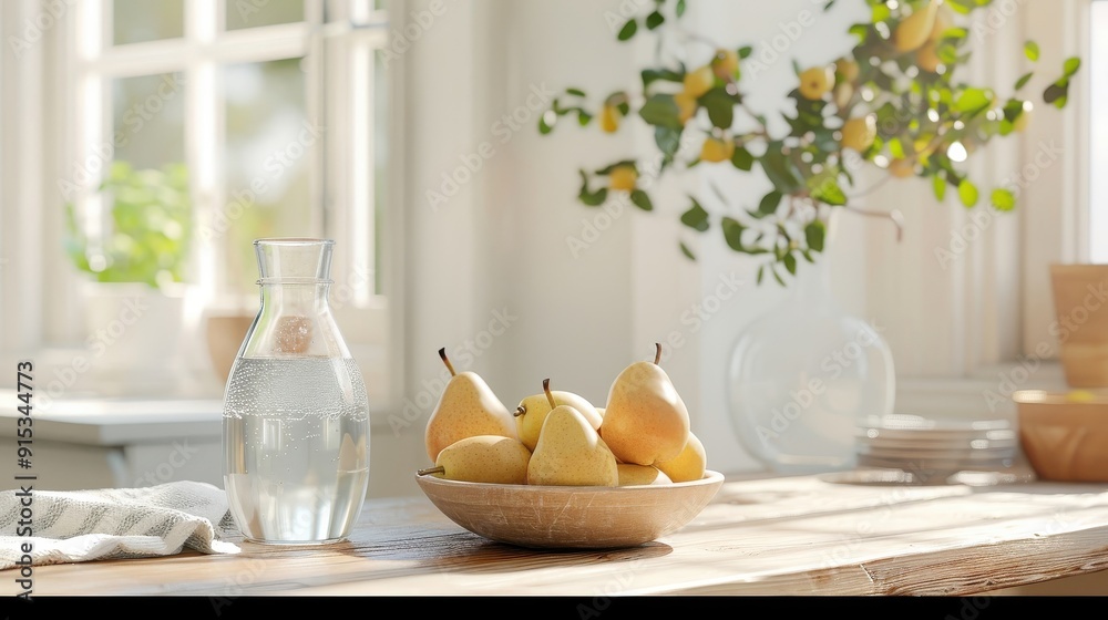 A carafe of fresh pear juice on a rustic wooden table, accompanied by a bowl of pears, basking in the sunlight of a cozy kitchen. A carafe of fresh pear juice on a rustic wooden table, accompanied by a bowl of pears, basking in the sunlight of a cozy kitchen.
