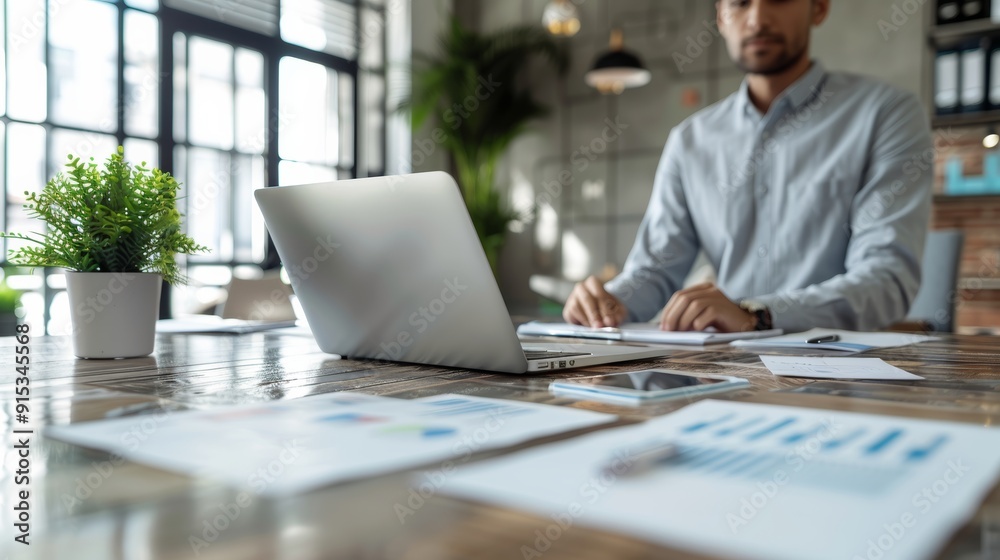 A professional man working on a laptop at a stylish office desk during the day A professional man working on a laptop at a stylish office desk during the day