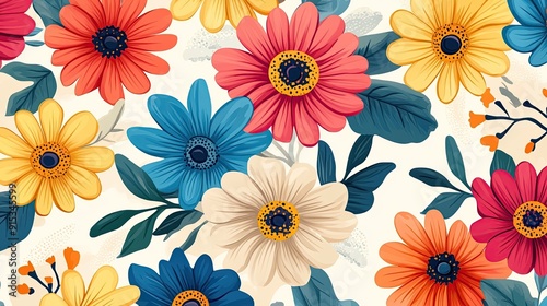 Wallpaper Mural Colorful floral illustration with different colored daisy flowers and green leaves on a white background. Torontodigital.ca