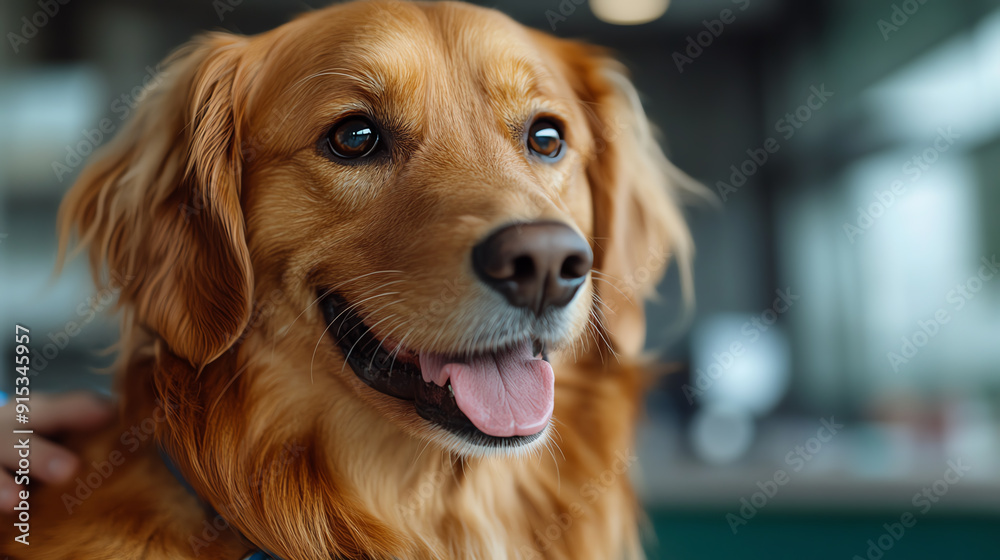 A close-up of a happy golden retriever with a bright expression, showcasing its beautiful golden fur and friendly demeanor.