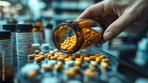 A close-up of a hand pouring yellow pills from a bottle onto a surface, showcasing medication and pharmacy environment. photo