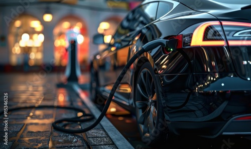 Electric car charging at night with vibrant urban lights reflection