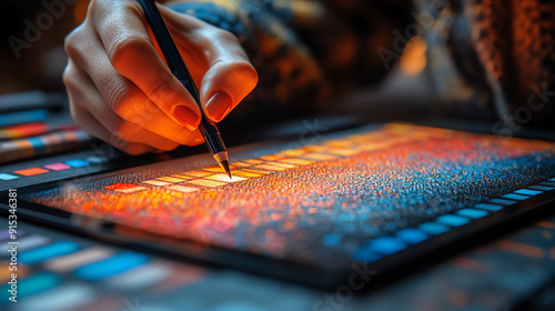 A hand holding a pen, skillfully illustrating vibrant colors on a digital tablet in a cozy environment. Artistry in action. photo