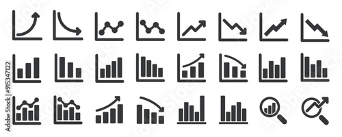 Increase and decrease glyph solid icons collection. Containing content growing, grap, proft, rate, progression. For website marketing design, logo, app, template, ui, etc. Vector illustration.