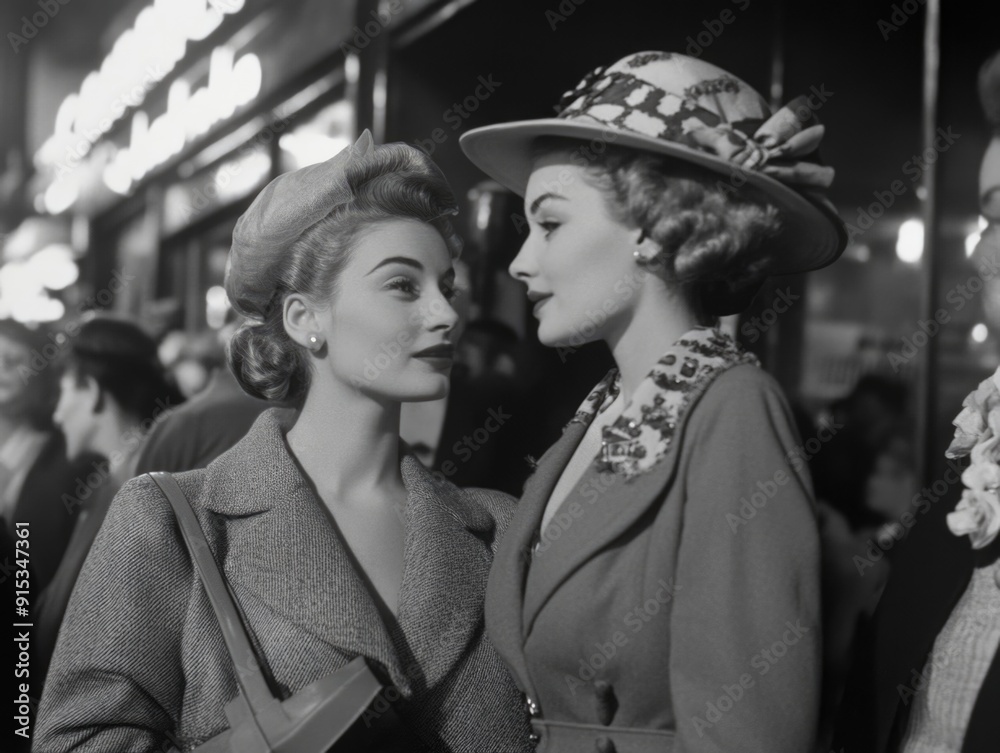 Vintage Elegance: Two Women Conversing in 1940s Fashion on a Busy ...