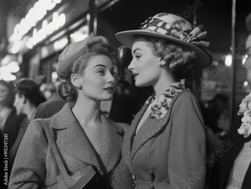 Vintage Elegance: Two Women Conversing in 1940s Fashion on a Busy Street