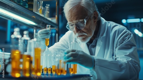 A man in a lab coat is working with various chemicals