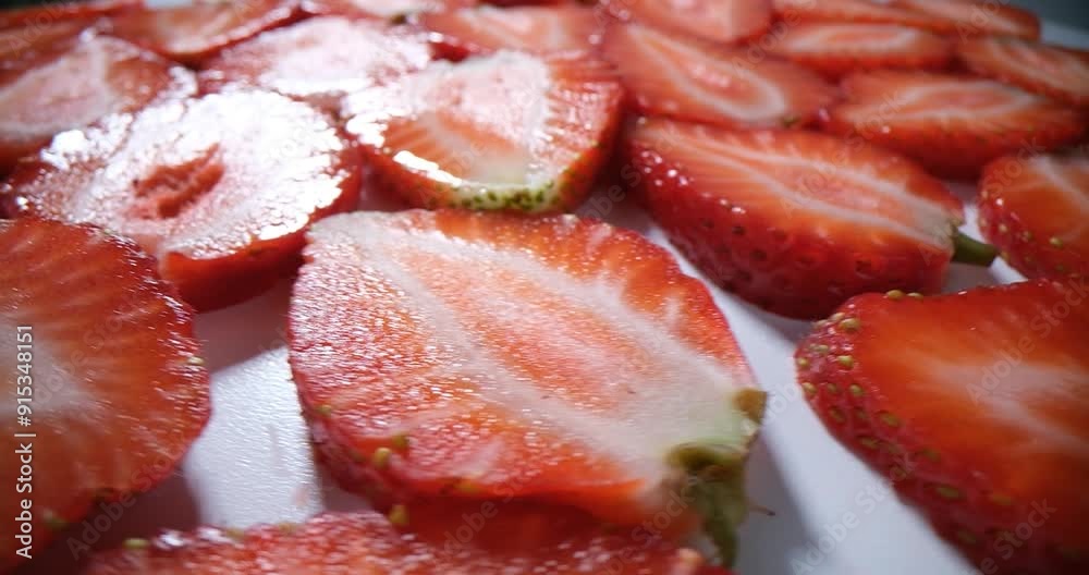 Slices of ripe strawberries decorate delicious cake. Sweet berries layer on top of summer dessert with soft cream on rotating plate in cafe